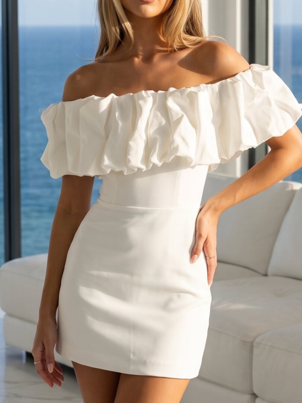 NWT REVOLVE Australia SHOWPO Coraline white dramatic ruffle mini dress US 4